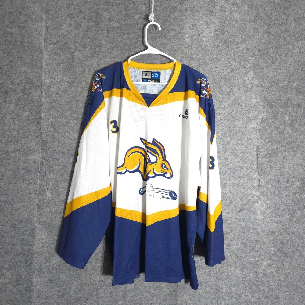 Owayo Hockey Jersey Mens XXL White Blue Mendoza 3 Rabbit Mascot Custom Sports